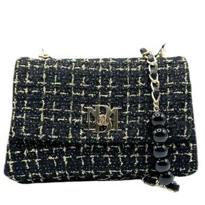 Badgley Mischka Black and Gold Tweed Textured Crossbody w/ Pearls Mini Crossbody